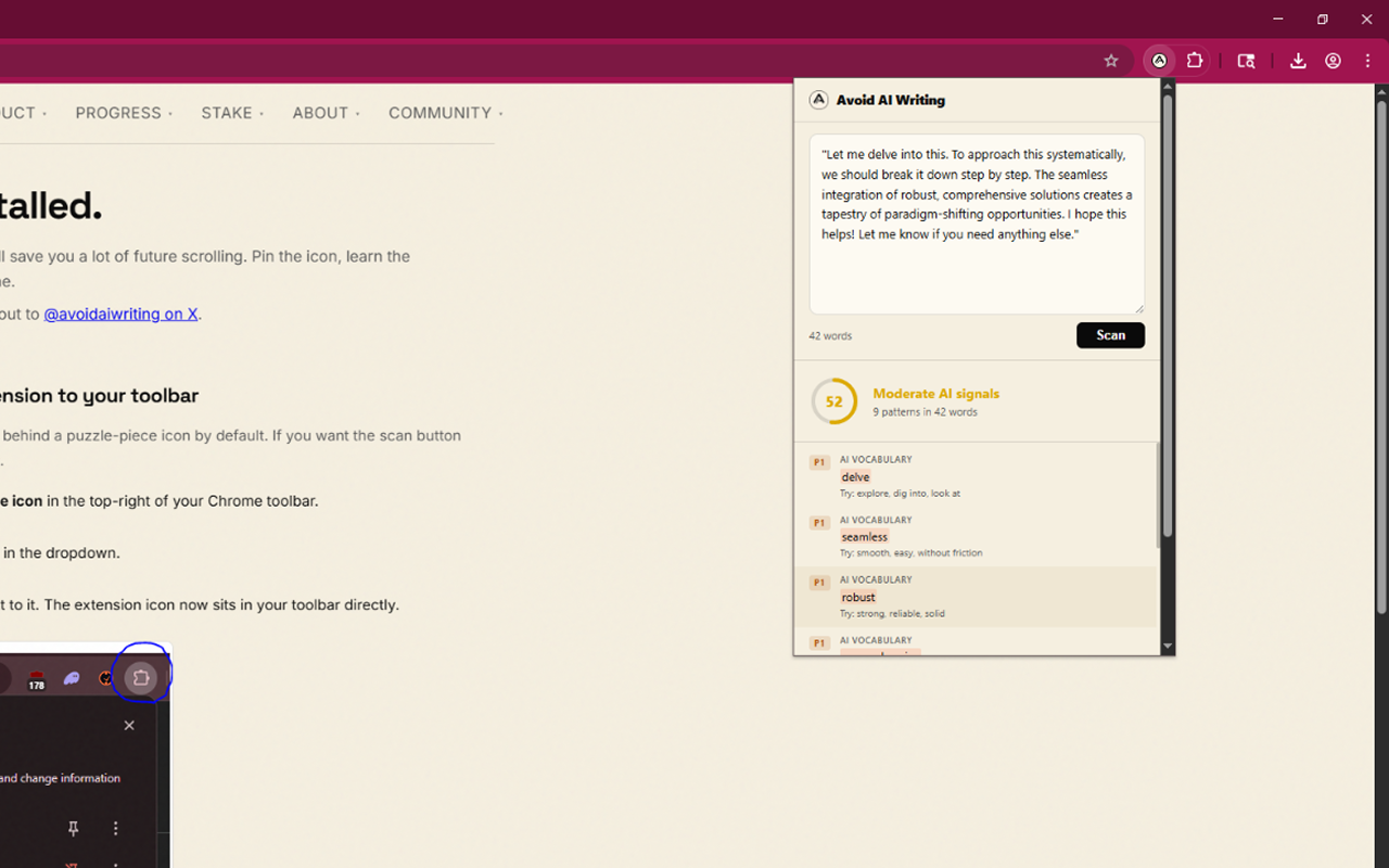 The Avoid AI Writing extension panel open next to a draft, showing a scan score and a list of flagged AI writing patterns with severity badges.